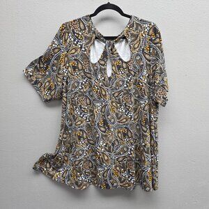 Jessica London Shirt Womens 22/24 Black Paisley Keyhole Short Sleeve Plus Size